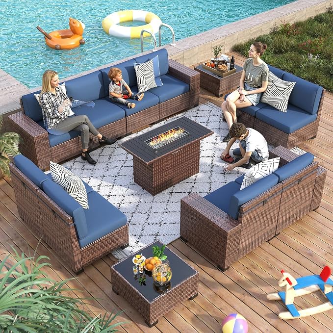 13 Piece Patio Furniture Set with Fire Pit Table, Wide Armrest Outdoor Sectional Sofa Brown Wicker Rattan Conversation Sets, 4'' Thickened Cushion Navy Blue