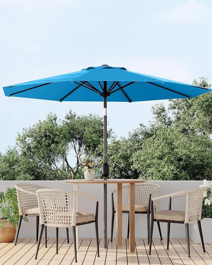 GarveeLife 9 ft Patio Umbrella, Outdoor Table Market Umbrella with Push Button Tilt and Crank, 8 Sturdy Ribs UV Protection Waterproof for Garden, Deck, Backyard, Pool (Sky Blue)