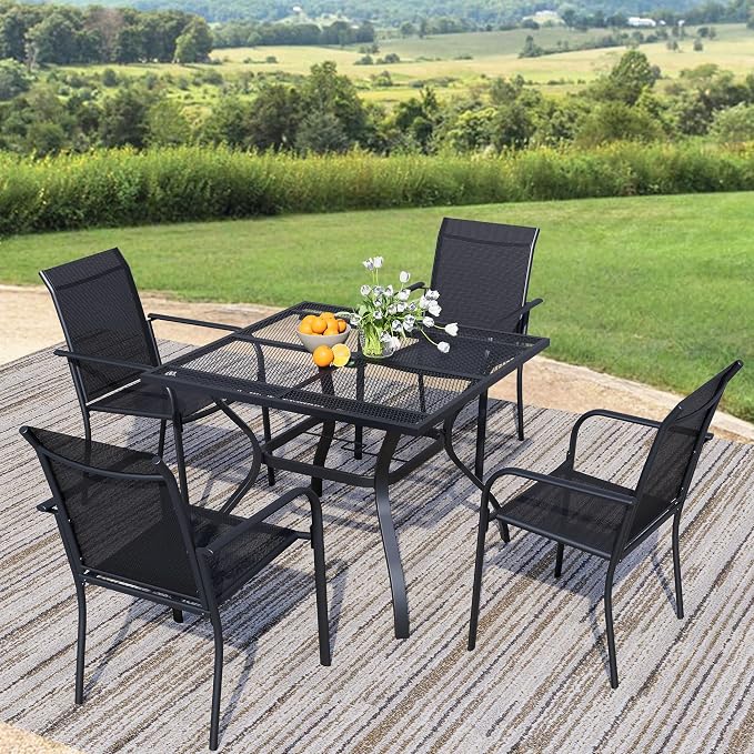5-Piece Outdoor Dining Set, Square Metal Table with Black Chairs, Black Patio Table with Umbrella Hole for Garden, Yard, Patio