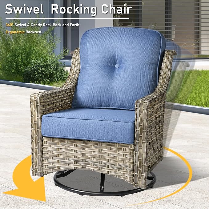 HOOOWOOO 3 Piece Patio Furniture Bistro Sets,Outdoor Wicker Swivel Rocking Chairs with Table Set,All Weather Resistant High Back Rattan Conversation Set(Diamond Blue)