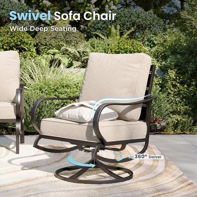 PHI VILLA Patio Furniture Chair Set for 2, Deluxe Outdoor Conversation Set with 2 Swivel Padded Sofa Chair, Full Metal with 5.8" Cushion for Deck, Lawn, Garden