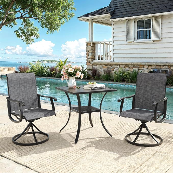 VICLLAX Patio 3 Pieces Outdoor Bistro Table Set, 28" Square Metal Table and 2 Swivel Textilene Chairs, Patio Dining Set for Patio, Lawn, Garden, Porch, Black/Dark Grey