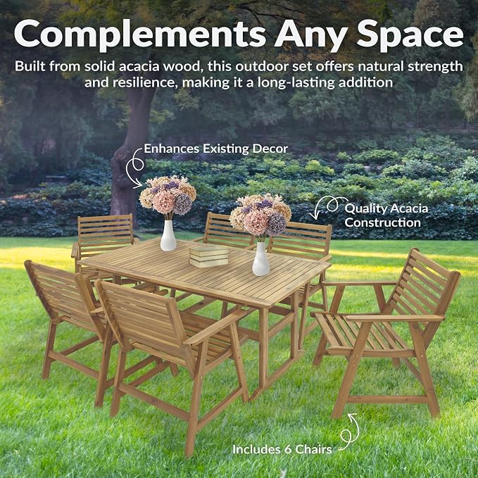 Sunnydaze 7-Piece Patio Dining Set for 6 - Hatteras Acacia Wood Outdoor Dining Set with Umbrella Hole - Outdoor Table and Chairs for 6