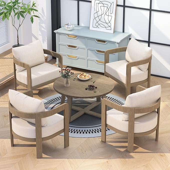 Indoor Round Coffee Table with 35.5” Woodgrain Finish Table Top, Outdoor Metal Modern Side Table 125lbs for Backyard Porch Balcony Living Room, Brown