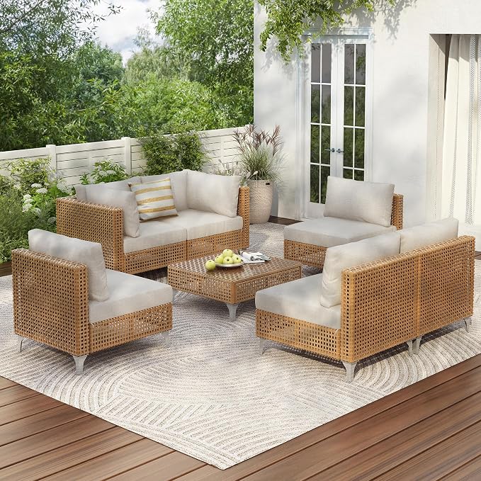 YOPTO 7-Piece Outdoor Conversation Sectional Sofa Set with Water Resistant Thick Cushions & Coffee Table,Wicker Patio Furniture Set W/Removable Cushions Cover,DIY Combination,for Porch,Backyard,Beige