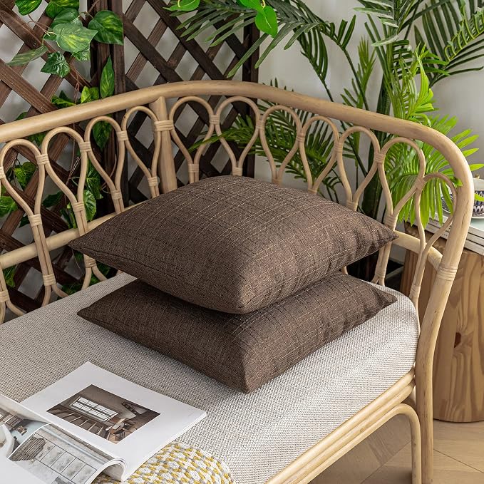 Kevin Textile Outdoor Waterproof 22”x22” Pillow Covers 2 Pack, Brown | Water Resistant, Soft Faux Linen-cotton Yarn-dyed Woven Texture Throw Pillow Covers for Tent Patio Garden Couch Sofa