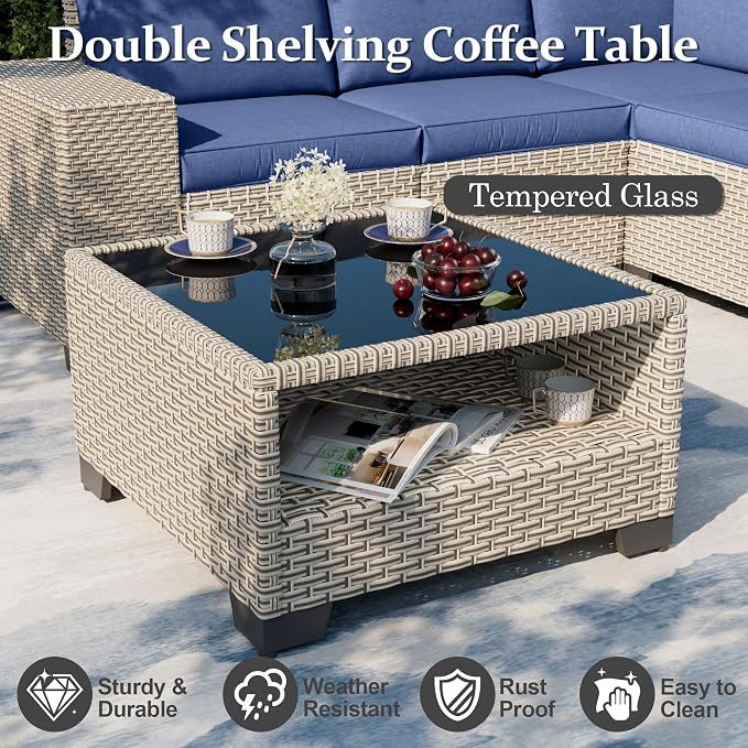 6-Piece Outdoor Patio Furniture Set, Modular Sectional Sofa Set with Glass Coffee Table and Cushions, Wicker Outdoor Couch Conversation Sets, Blue