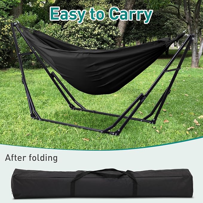 Ainfox Hammock with Foldable Stand, 2 in 1 Hammock and Swinging Chair with Carrying Bag, Portable Camping Chair Suitable for Outside, Swing,Patio,Garden,Camping Trip Black