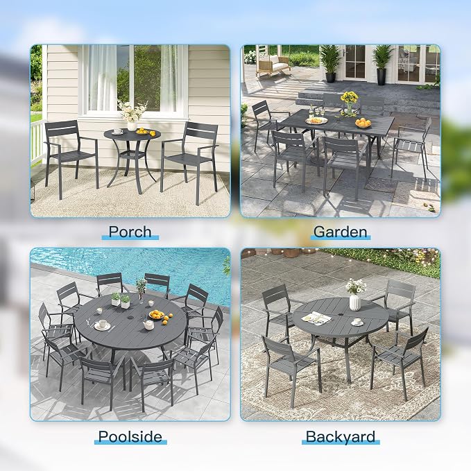 VICLLAX Patio 11 Pieces Outdoor Dining Set, Wrought Iron Metal Outdoor Table and Chairs Set, 60" Round Table with Umbrella Hole and 8 Stackable Chairs for Lawn, Garden, Porch, Dark Grey/Grey