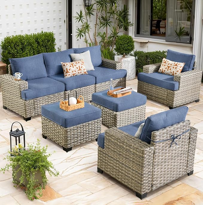 CAODOC Patio Furniture Sets 7 Pieces Outdoor Sectional Rattan Sofa Manual Weaving Wicker Patio Conversation Set with Ottomans and T Cushion(Light Blue)