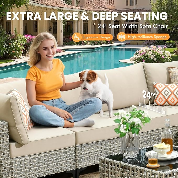 Outdoor Sectional Patio Furniture Set with Fire Pit Table and Glowing Table,8 Pieces Wicker Conversation Sets L Shaped Couch Out Door Sofa Set Outside Furniture for Garden Deck Yard,Beige