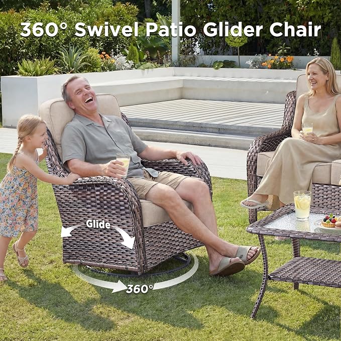 Luxury 5 Piece Patio Furniture Set-All Weather Outdoor Swivel Rocker Chairs with 6" Thick Cushions Multifunctional Ottoman Rattan Patio Conversation Sets for Porch Deck Garden Backyard(Brown/Beige)