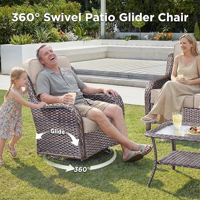 Luxury 8 Pieces Outdoor Patio Furniture Set-All Weather Wicker Swivel Rocker Patio Chairs with 6" Thick Cushion Rattan Sofa Coffee Table, Outdoor Conversation for Garden Porch Backyard(Brown/Beige)