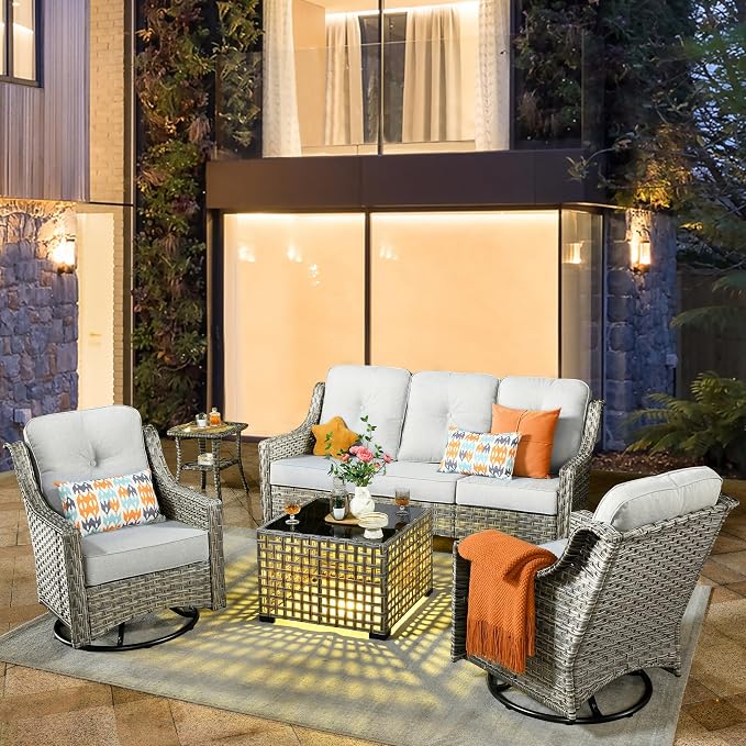 HOOOWOOO 5 Piece Patio Furniture Conversation Sets with Swivel Rocking Chairs,Outdoor Wicker Furniture with LED Tablet,All Weather Resistant High Back Rattan Conversational Set(Light Grey Gray)