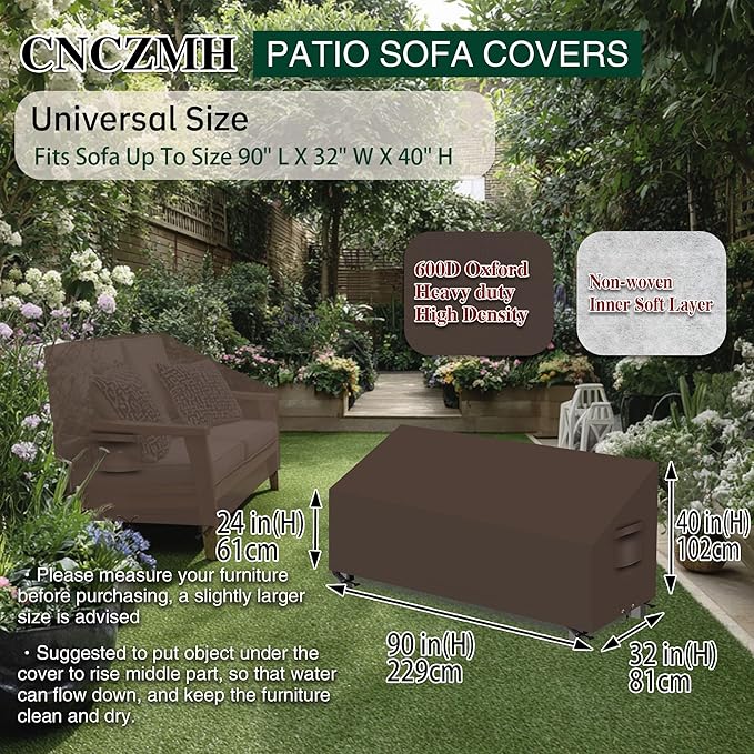 Heavy Duty Patio Sofa Covers Waterproof, Outdoor 3-Seater Couch Cover Waterproof, 600D Outdoor 2-Seater Loveseat Furniture Covers with Air Vent Handle 90''W x 32''D x 24''H/ 40''H Brown