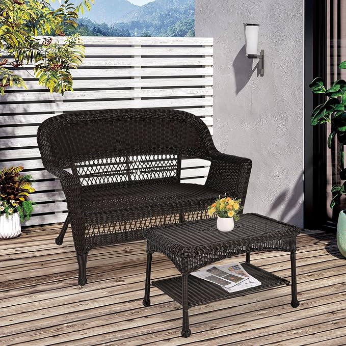Jeco Wicker Patio Love Seat and Coffee Table Set without Cushion, Black