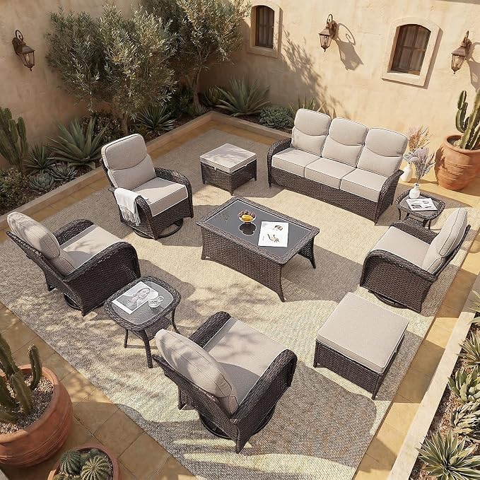 Patio Furniture Set with Luxury 6" Cushions, 10 Pieces Swivel Rocking Patio High Back Chairs, Couch and Ottoman, Outdoor Wicker Conversation Set for Deck, Porch, Backyard, Poolside, Beige
