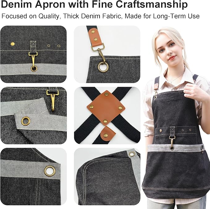 Denim Cross Back Gardening Apron with Adjustable Straps & Pockets | Heavy-duty denim; large front pockets; tool storage; cross-back straps; indoor & outdoor use; gardening and home tasks