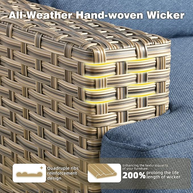 CAODOC Patio Furniture Sets 7 Pieces Outdoor Sectional Rattan Sofa Manual Weaving Wicker Patio Conversation Set with Ottomans and T Cushion(Light Blue)