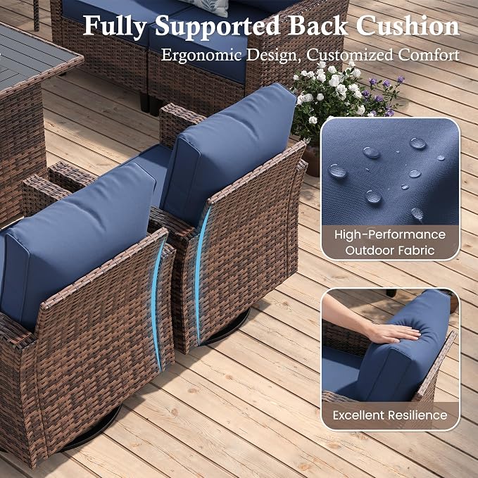Amopatio Patio Furniture Set with Fire Pit Table, Wicker Outdoor Sectional Sofa with Swivel Rocker Chairs, All-Weather Rattan Conversation Set, Waterproof Cover for Backyard, Deck Brown/Navy 6 PCS