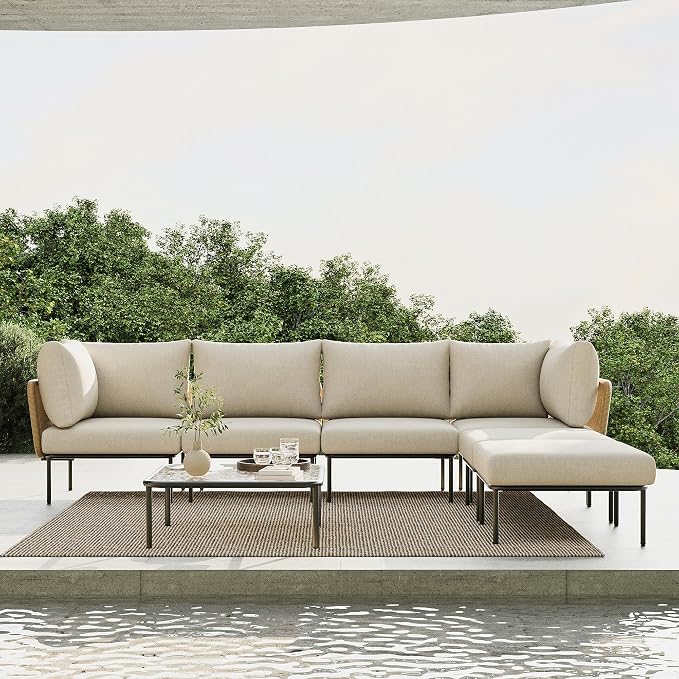 7 Piece Modern Outdoor Rope Wicker Sectional Patio L-Shaped Conversation Sofa Set Deep Seating with Thick Cushions