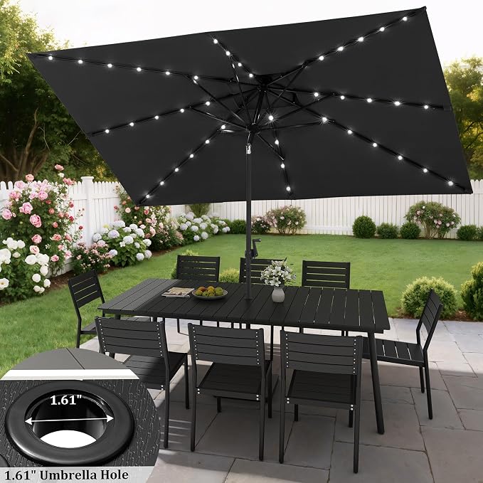9-Piece Outdoor Dining Set for 8 Person with Black Wood-Grain Top | Armless Stackable Chairs with 19.4" Seat Depth, Aluminum Frame Dining Furniture with Umbrella Hole for Deck, Porch & Backyard