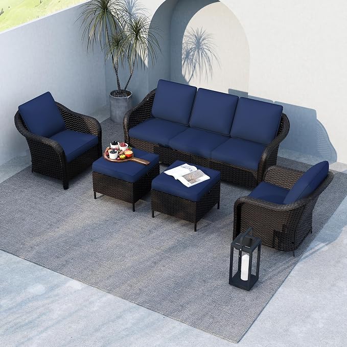 5 PCS Outdoor Conversation Set | 78" Couch, 2 Chairs, 2 Ottomans, Patio Wicker Conversation Furniture with Removable Cushions for Bistro, Deck, Sunroom (Navy Blue)