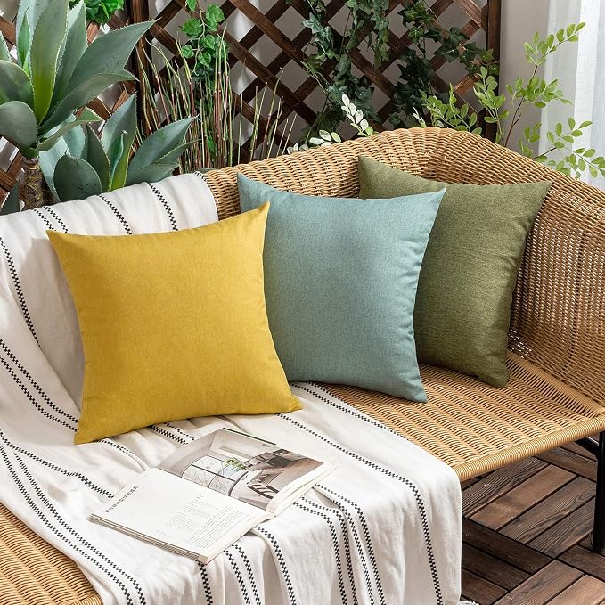 Outdoor Waterproof Throw Pillow Covers Yellow 16x16 Set of 2 | Decorative Farmhouse Linen Pillowcases Solid Cushion Cases for Patio Tent Balcony Couch Sofa Living Room