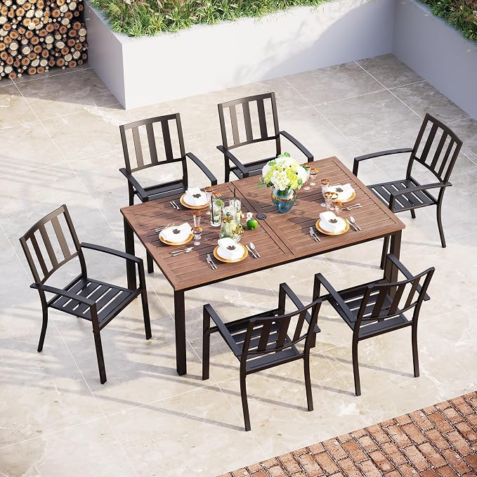 Sophia & William 7 Piece Patio Dining Set Outdoor Table and Chairs Metal Patio Table Furniture Set with Large Rectangular Dining Table for 6 Person and Stackable Outdoor Chairs Support 300LBS (Balck)