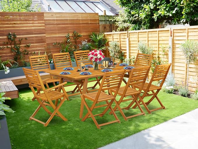 East West Furniture DEBS92CANA 9 Piece Outdoor Patio Dining Sets Includes a Rectangle Acacia Wood Table and 2 Folding Arm Chairs with 6 Side Chairs, 40x72 Inch, Natural Oil