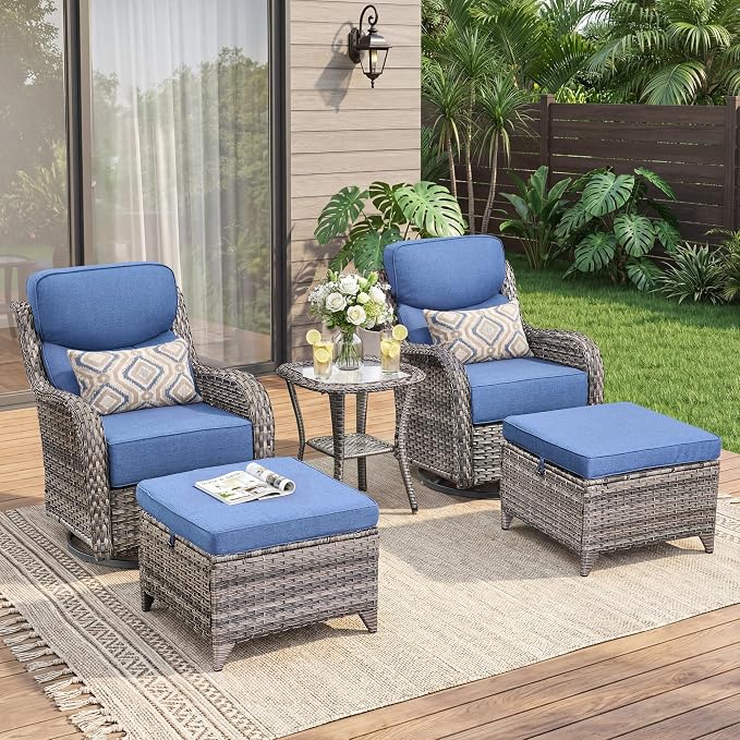 Luxury 5 Pieces Outdoor Patio Furniture Set-All Weather Wicker Outdoor Furniture with Swivel Rocker Patio Chairs 6-inch Extra Thick Cushions Wicker Conversation Set for Garden Porch(Grey/Blue)