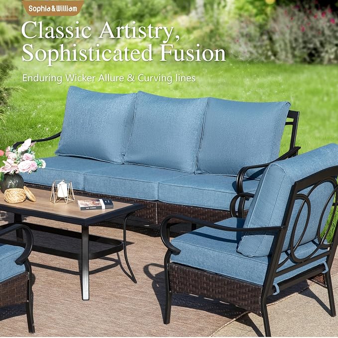 Sophia & William Patio Furniture Set with Fire Pit Table, 4PCS Metal Outdoor Conversation Set with Fire Pit Table, 2 Swivel Chairs,1 Loveseat,3-Seater Couch for Outdoor Seating,Backyard,Porch(Navy)
