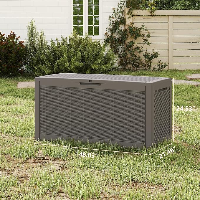 Outdoor Storage Box, 110 Gallon Waterproof Deck Box [Upgraded 3.0], Auto-Open Gas Struts Resin Organizer for Lounger Pillows, Secure Lockable Backyard Storage Bench, Poolside Deck, Grey