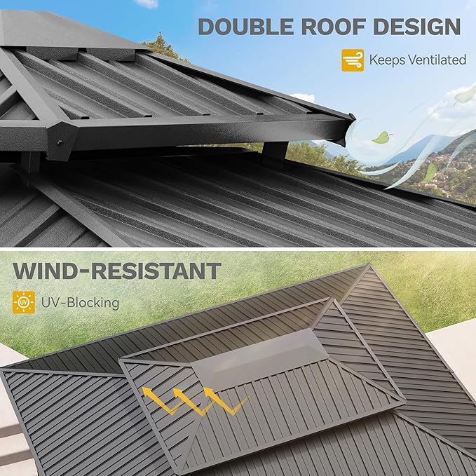 DWVO 12x14ft Gazebo Double Roof Hardtop with Nettings and Curtains, Heavy Duty Galvanized Steel Outdoor Vertical Stripes Roof for Patio, Backyard, Deck, Lawns, Brown