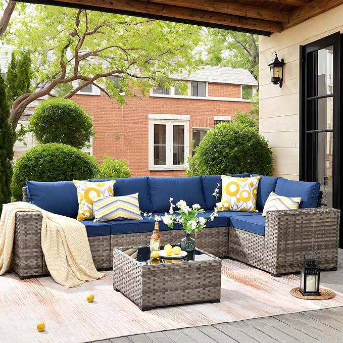 ovios 6 Pieces Patio Furniture Set, Outdoor Wicker Sectional Sofa with Coffee Table Comfy Cushions, Modern Modular Deep Seat Couch Rattan Conversation Set, Navy Blue