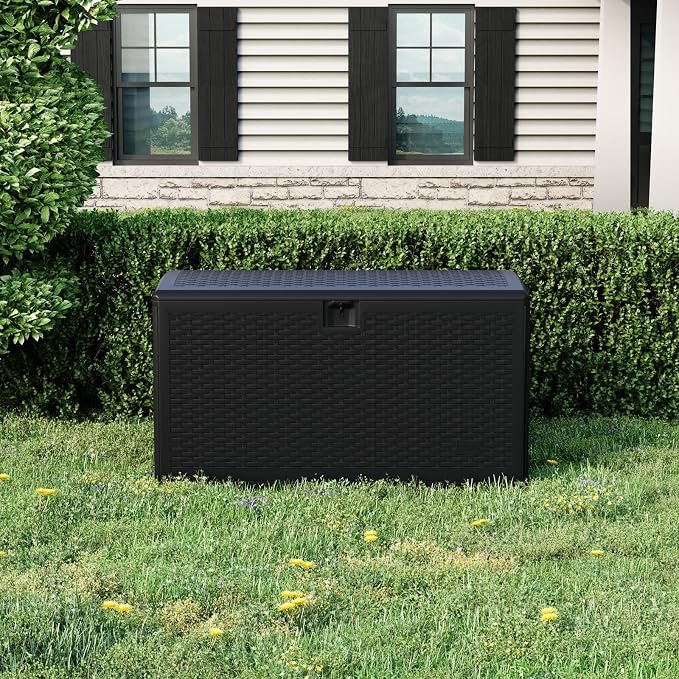 120 Gallon Waterproof Large Resin Deck Box Indoor Outdoor, Lockable Storage Container for Patio Furniture Cushions, Throw Pillows, Garden Tools, and Pool Floats, Black