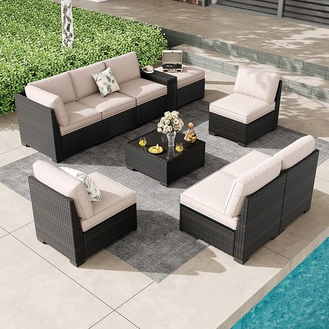 9 Pieces Outdoor Patio Furniture Set, Wicker Conversation Sets with Tea Table, Rattan Patio Sofa with Thick Cushions for Garden, Backyard Porch, Poolside,Beige