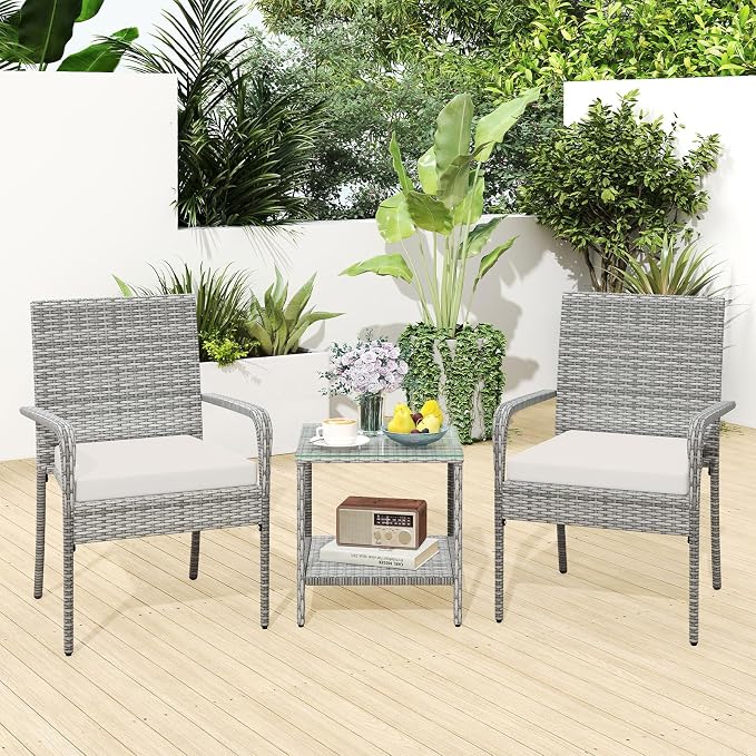 Tangkula 3 Pieces Patio Furniture Set, PE Rattan Outdoor Cushioned Conversation Chairs with 2-Tier Tempered Glass Tabletop Table, for Balcony, Garden and Poolside