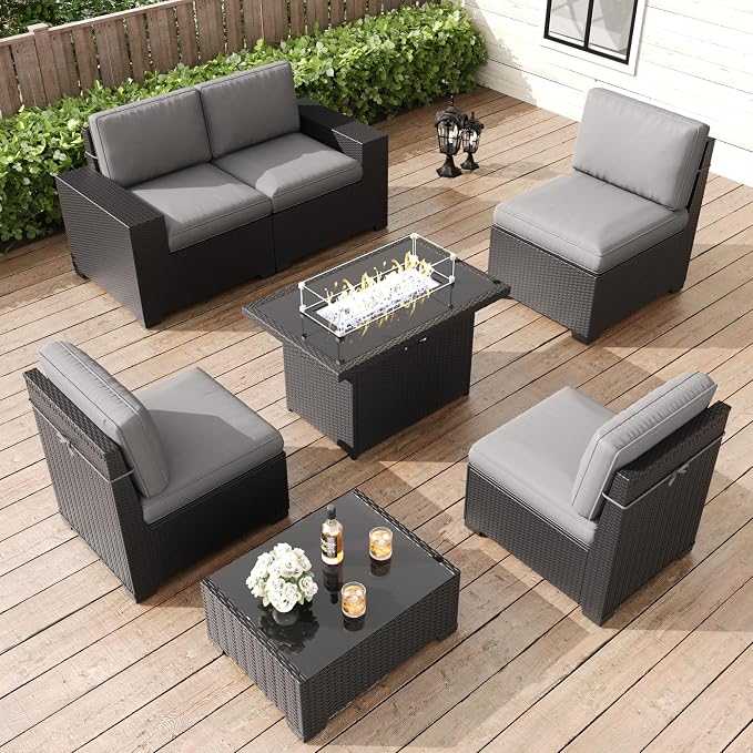 LayinSun 7 Pieces Patio Furniture Set with Fire Pit Table, Black Rattan Modular Sectional Patio Conversation Sofa Set