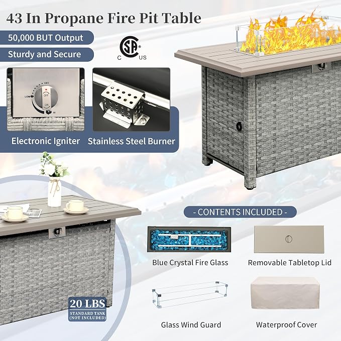 WAROOM Patio Furniture Set 6 Piece PE Rattan Outdoor Conversation Sets Grey Wicker Couch Sectional Sofa with Fire Pit Table and Navy Blue Cushion