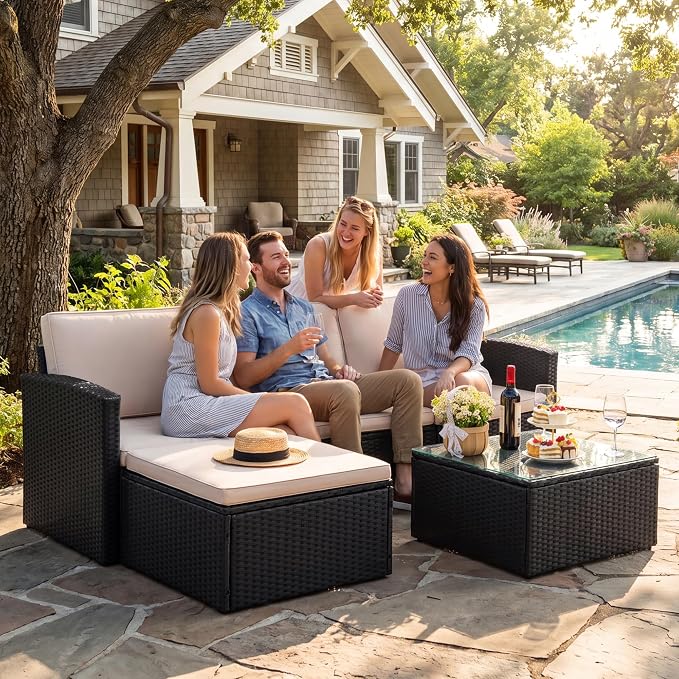 Devoko Patio Sofa,Outdoor Furniture Set 4 Pieces,Wicker Sectional Couch with Glass Desktop and 75.9in Wide Backrest for Backyard, Deck,Porch & Poolside(Black)