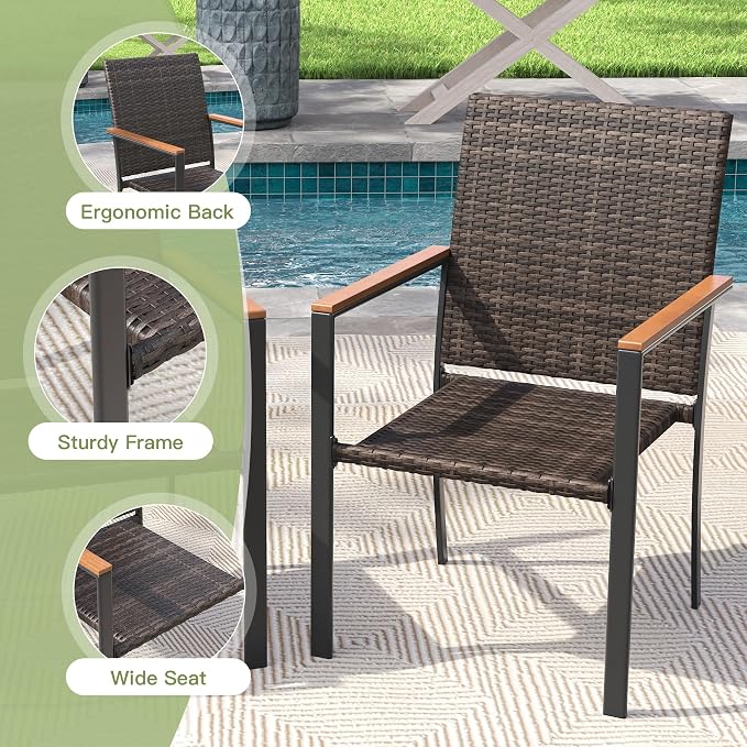 Patio Dining Set for 6, 59.2" Rectangular Metal Table with Umbrella Hole and Stackable Wicker Patio Chairs, Outdoor Furniture Set for Deck Backyard Garden, Walnut Chairs, Black Table