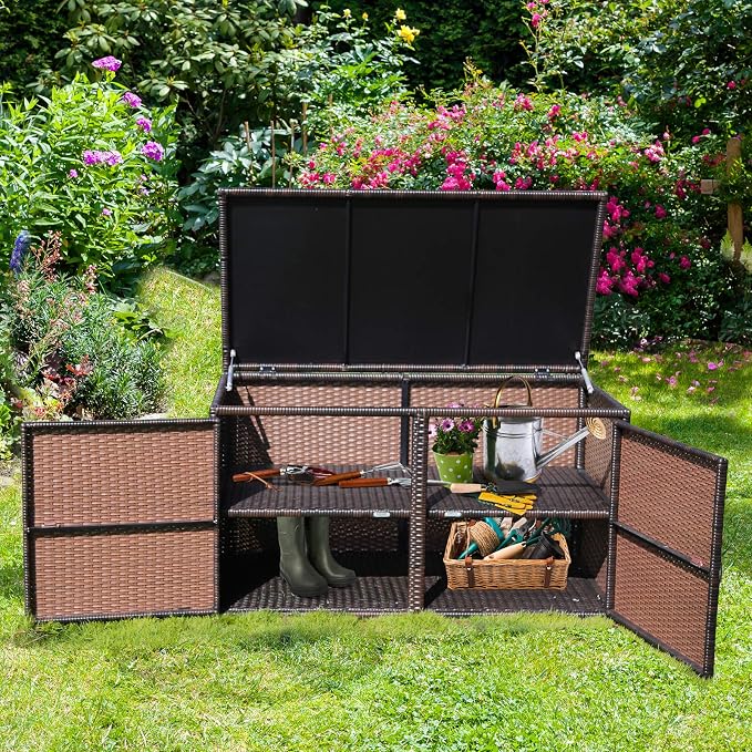 HAPPYGRILL Deck Box Outdoor Wicker Storage Box Cabinet 73 Gallon Storage Container Bin Box for Furniture Tools in Garden Balcony Porch Yard