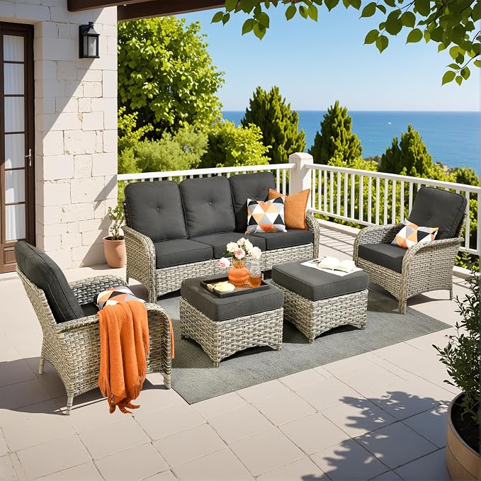 5-Piece Outdoor Patio Furniture Set,All Weather Wicker Rattan Patio Seating Sofa and Chair Set with Ottomans,Outdoor Conversation Sets with 3 Seater Couch for Porch Deck Yard,Black