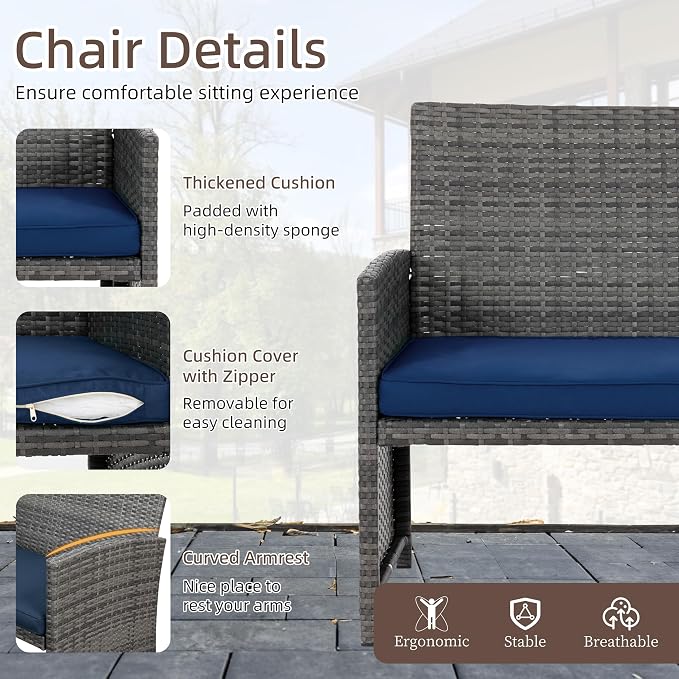 4 Piece Patio Ratten Set Outdoor Furniture Set Wicker Conversation Set with Cushions and Tempered Glass Tabletop,Deep Blue