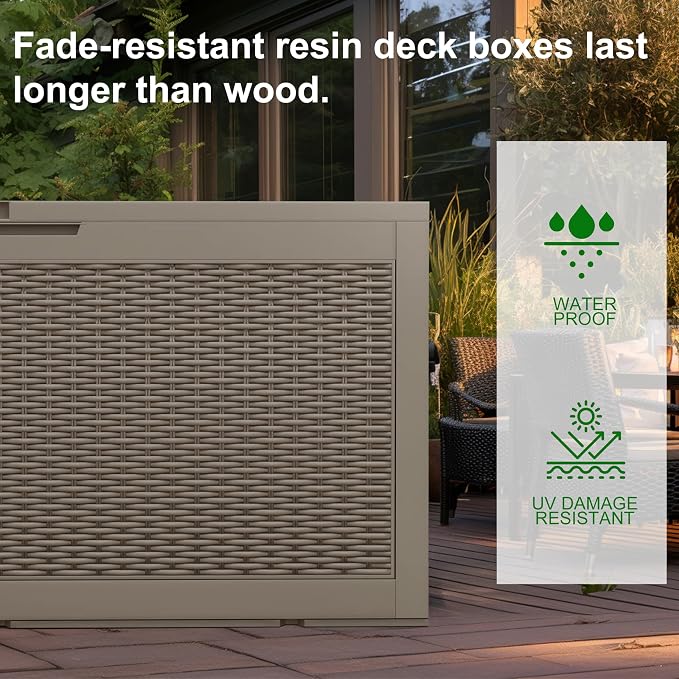120 Gallon Outdoor Deck Box, Lockable Waterproof Outdoor Storage Boxes For Garden Tools,Indoor Cushions,Accessories Outside Storage Resin Weatherproof Container(Grey)