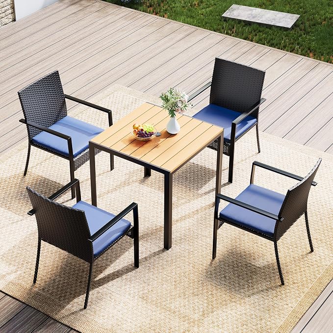 5 Piece Patio Dining Set, Wicker Outdoor Table and Chairs with Umbrella Hole ＆ Soft Cushion, Patio Furniture Set for Backyard, Garden, Poolside, Deck - Black＆Blue
