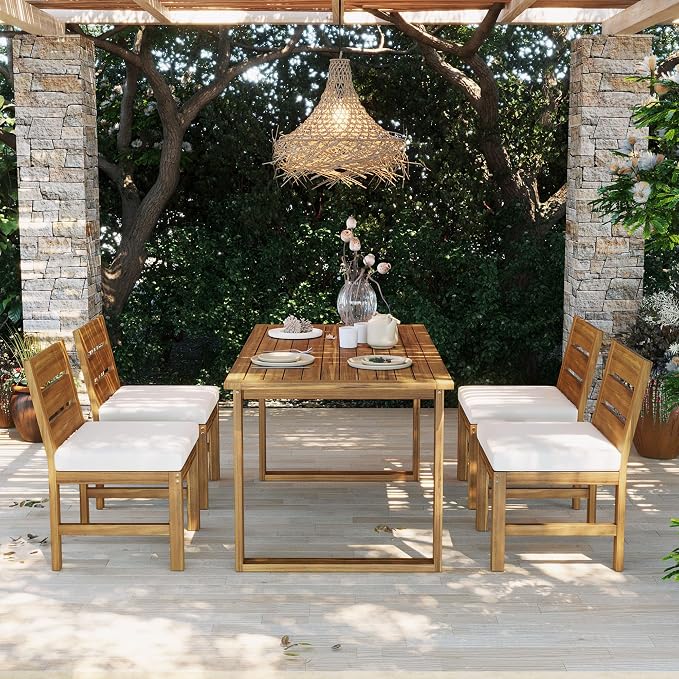 Merax 5-Piece Patio Dining Set for 4, Acacia Wood Farmhouse Outdoor Furniture Set with Removable Cushions & Adjustable Feet, Rustic Garden Dining Set for Backyard, Poolside, Beige + Natural
