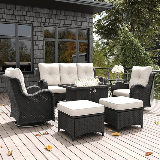 LayinSun 7 Pieces Outdoor Patio Furniture Set with Fire Pit Table, Rattan Wicker Sectional Swivel Rocker Chairs Sets with Ottomans, Swivel Glider Chairs and Coffee Table