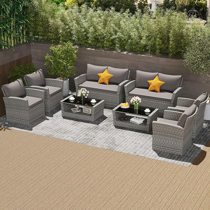 Tangkula 8 Pieces Patio Furniture Set, Outdoor PE Wicker Sectional Conversation Bistro Set with 2 Rattan Chairs, Loveseat, 2-Tier Tempered Glass Coffee Table and Cushions for Balcony, Garden